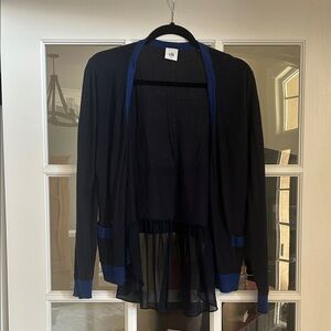 CAbi Black Cardigan with Blue Trim